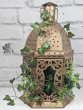 Vintage Moroccan Style Gold Metal Lantern Candle Holder Boho Decor Large